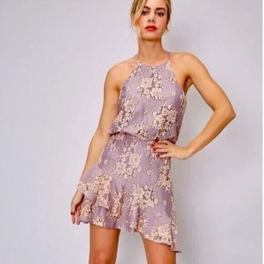 DO+BE Everlasting Dress Women Large Mauve Lace Asymmetric Ruffle Mini Party NEW!